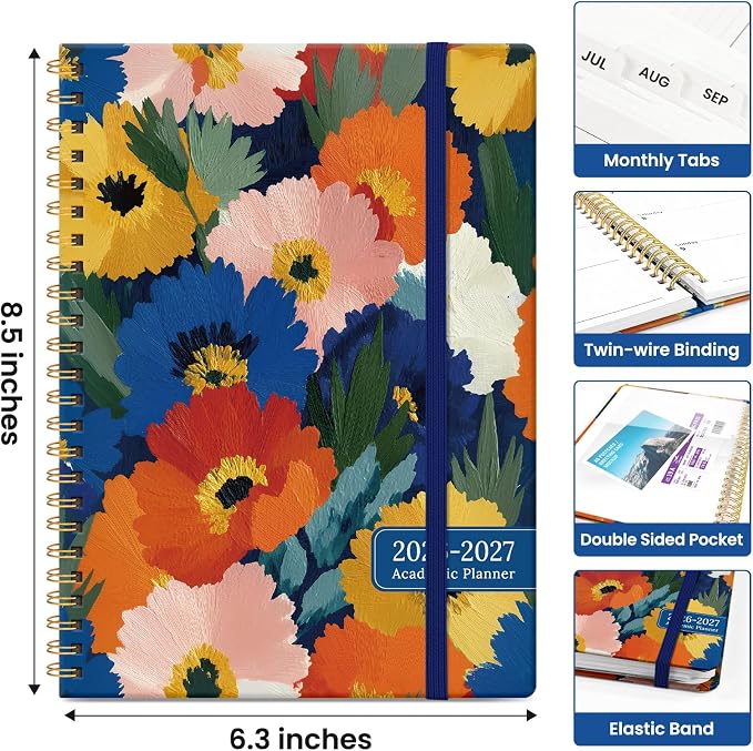 Taja Planner 2026-2027, Jul 2026-Jun 2027 Monthly & Weekly Calendar Planner | 6.3" x 8.5", Hardcover Academic Calendar, Teacher Student Agenda Book with Tabs, School Office Supplies, Vivid Petals