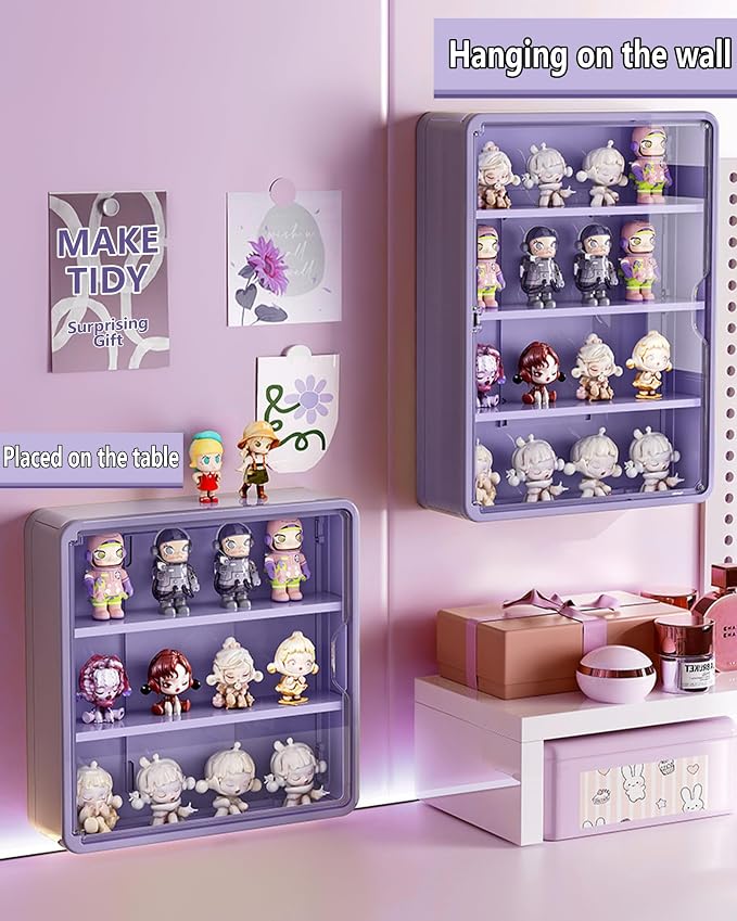 Wall Mounted Display Case for Figures, 15.75" High, Shadow Box with Shelves | Hanging Trinket Display Shelf for Collectibles Action Doll Blindboxes Storage, 4-Layer Purple Shelf with Magnetic Door 1 Pack