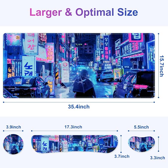 Large Gaming Mouse Pad Set, 4 in 1 Extended Keyboard Desk Mat with Wrist Rest, Computer Game Mousepad, Non-Slip Desk Pad Protector Easy Typing Pain Relief for Home Office I Anime Neon Street