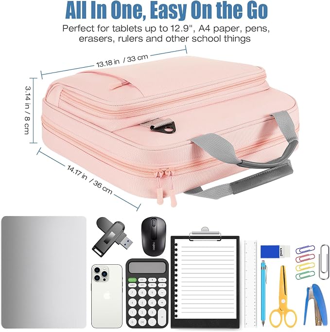 MoKo Zipper Binder, 2 Inch 3 O Ring, 5 Tab File Folders, 500 Sheets, Pink | Water-repellent 900D Oxford with five file pockets, two mesh pockets, a handle and padded shoulder strap.