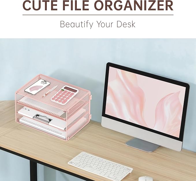 DALTACK 3 Tier Letter Tray Paper Organizer with Sliding Mesh Trays Pink | Metal Mesh File Organizer with Sliding Trays for Letter and A4 Paper, Mail, Bills, Folders and Office Documents