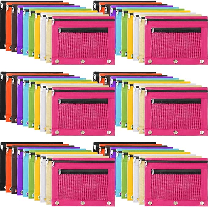 Fainne 60 Pack Pencil Pouches for 3 Ring Binder, A4/letter Size Compatible, 3 Hole Zipper Pouches with Clear Window, Double Zipper Pencil Case Bulk for Office School College Supplies(Multi Color)