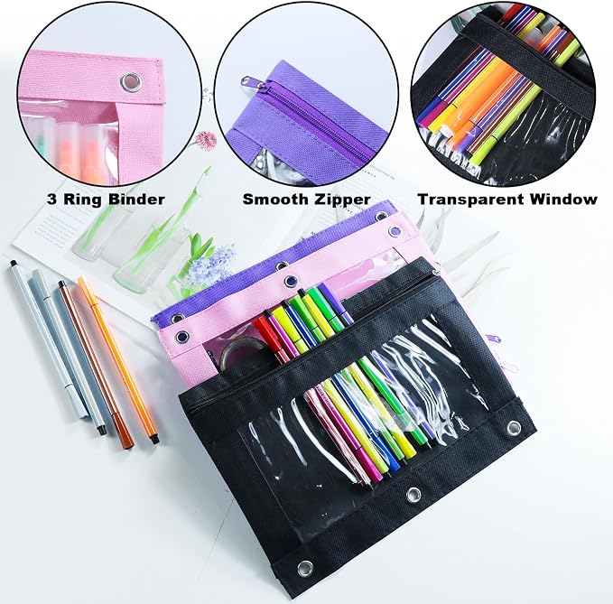 24 Pack 3 Ring Binder Pencil Pouch Bulk for School, Classroom, Office | Clear Pencil Case with Smooth Zipper, Clear Window Pencil Bag for Jewelry, and Cosmetic, Black