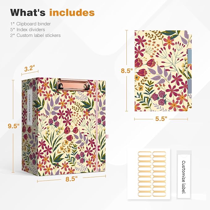 Ospelelf Mini 3 Ring Binder, 2 Inch, Cute Floral Binder for 5.5" x 8.5" with 5 Tab Dividers, File Folder Labels and Low Profile Clipboards