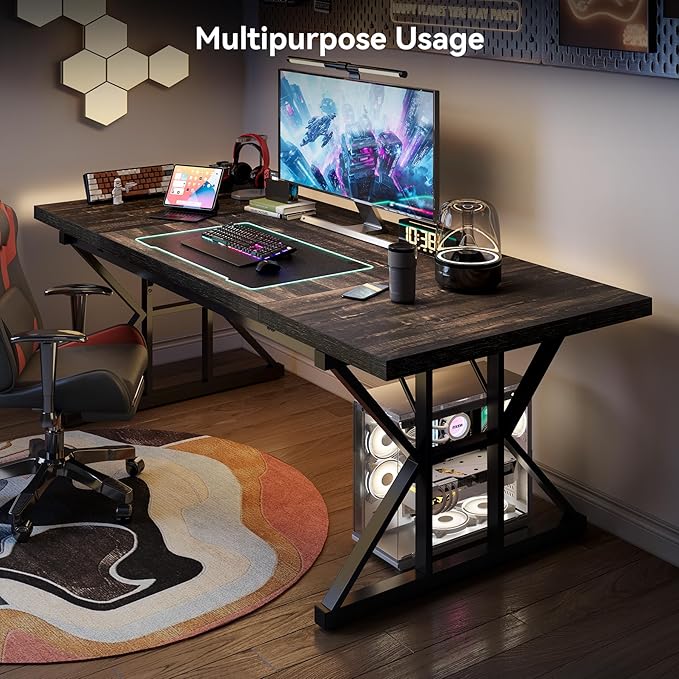 LITTLE TREE 70.8-Inch Large Executive Desk, Extra Long Computer Office Desk Workstation, Modern Simple Style Laptop Table, Sturdy Wooden Writing Workstation for Home Black Oak