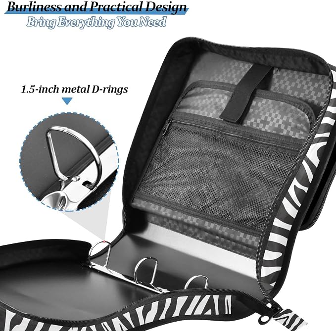 Zebra Skin Print Zipper Binder 3 Ring with Handle and Shoulder Strap, 500 Sheet Binder Organizer Capacity & Multi-Pockets for School Office