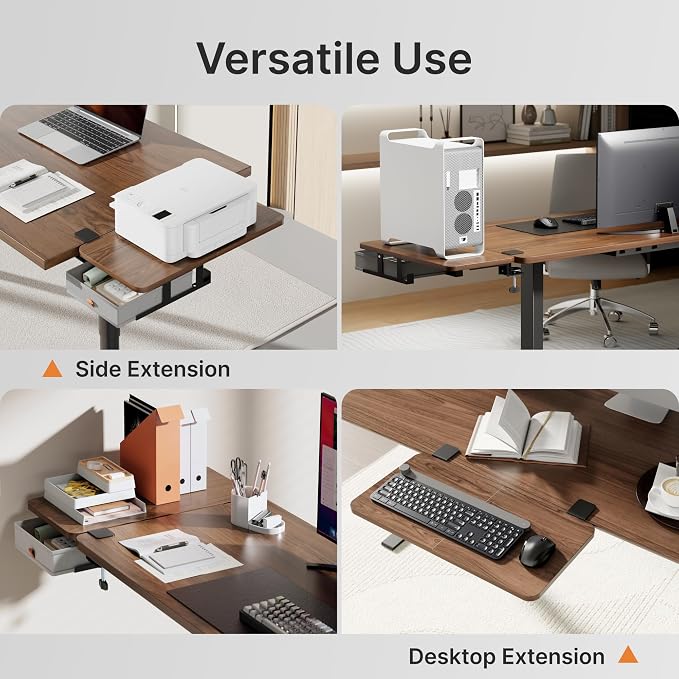 Desk Extender Tray, 24" x 12", with Storage Drawer, Medium, Walnut | Desk Extension, Clamp on Desk Shelf, Clamp On Keyboard Tray for Office and Home, Workstation Organizer