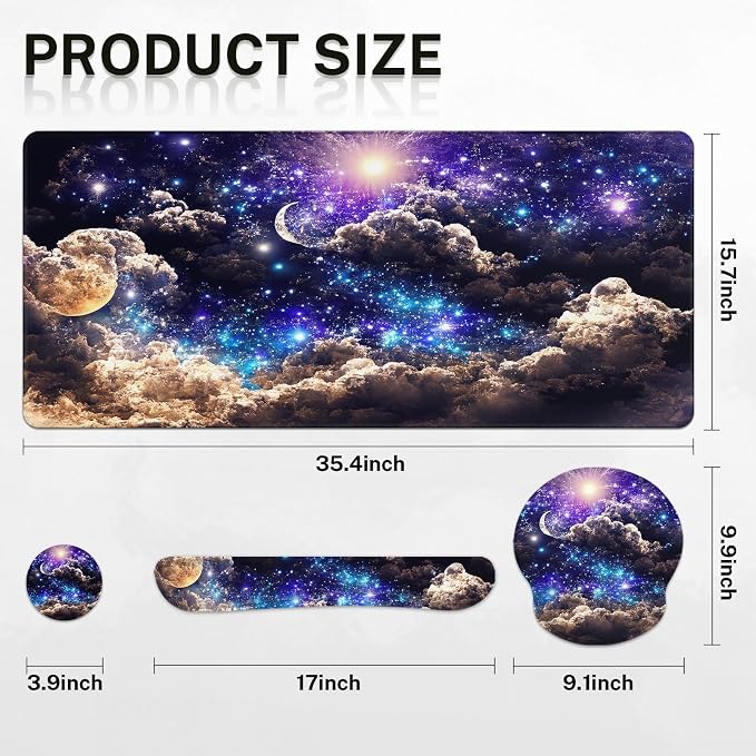 Keyboard Mouse Pad Set, 4 in 1 Desk Mat Set, Space Moon | Night Cloud Blue Large Mousepad+Keyboard Wrist Rest+Mouse Wrist Rest+Coaster Ergonomic Design for Home Office Computer