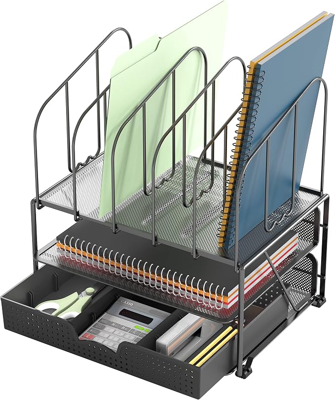 Deco Brothers Mesh Desk Organizer with Double Tray, 5 Upright Sections and Sliding Drawer, Black | Sliding Drawer with Adjustable Dividers, Black