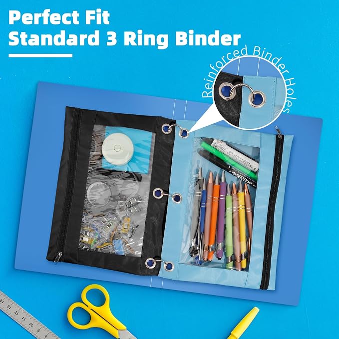 Pencil Pouch for 3 Ring Binder, 16 Pack Pencil Bags with Zipper, Large Capacity Pencil Case for Binder Assorted Color Pencil Case Pouch with Clear Window and Grommets Pencil Pocket for Office Supplies