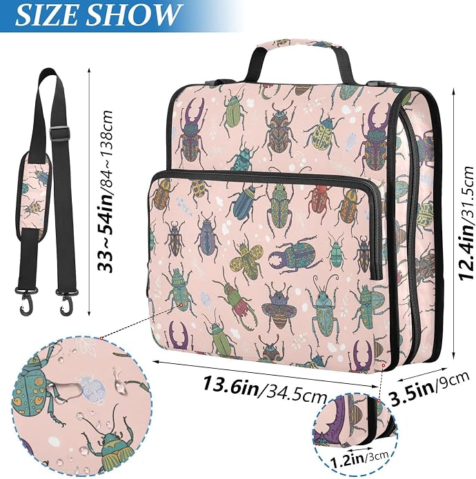 Zipper Binder Bag 3 Ring File Folder Portfolio Organizer Zippered Binder Bags with Strap Fits Laptop Women Men