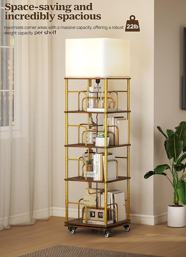 4 Tier Rotating Bookshelf Tower, 360° Spinning Book Shelf with Lights&Wheels,Square Revolving Bookcase Organizer,Narrow Swivel Bookshelves Turning Corner Bookshelf for Small Space,Gold