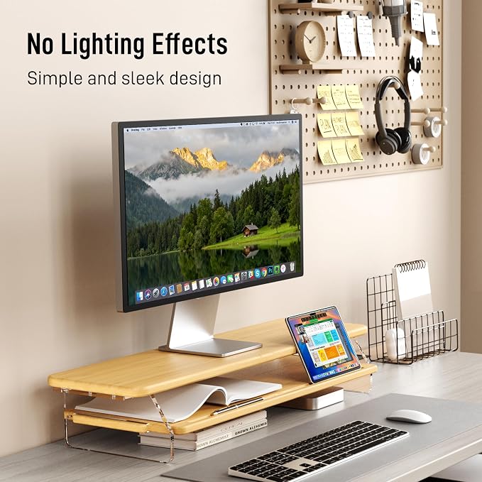 Bamboo Dual Monitor Stand for Desk,31.5 In 2 Tier Computer Riser Organizer | Desk Organizer Adjustable Arylic Feet Computer Monitor Stand, Desk Shelf for Office
