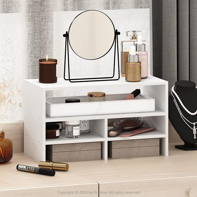 Furinno Hermite Desk Top Organizing Shelf Bookcase, White | Desktop Office Organization Racks with Open Shelves, Desk Top Display Book Shelf, for Paper, Office Supplies, Magazine