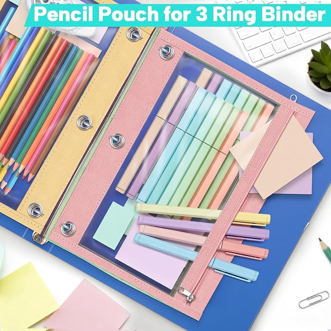 6 Pack Pencil Pouch for 3 Ring Binder, Featuring Colored Zippers & Transparent Windows, Multicolors Fabric Pencil Case Pouch Durable Zipper Pencil Bags in Bulk for Office School Supplies (6 Colors)