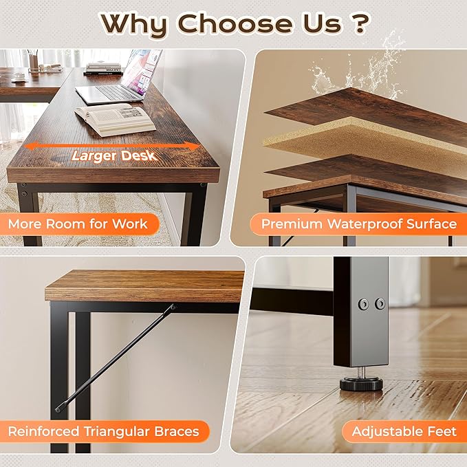 Huuger 63 Inch L Shaped Desk with 0.95 Inch Thicker Desktop | Reversible Computer Desk, Larger Corner Office Gaming Desk, Robust Metal Frame, for Home Office, Study, Rustic Brown