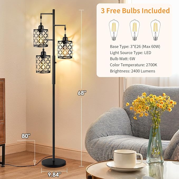 Dimmable Floor Lamp, Farmhouse Standing Lamp with Elegant Metal Cage, Industrial Tall Tree Floor Lamps for Living Room Bedroom Study Room Office, 3 x 800LM LED Bulbs Included - 68", Black