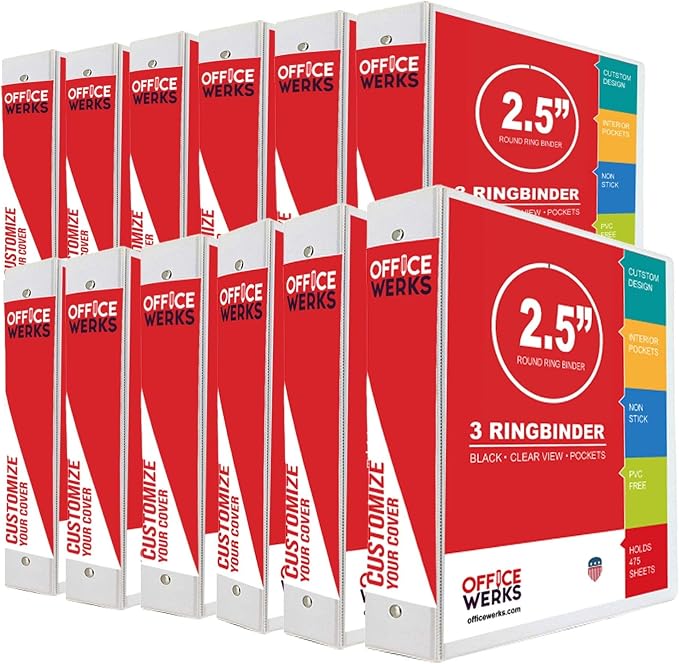 2.5 Inch 3 Ring Binder 12 Pack, Holds 475 Sheets, Round Ring, White | Presentation Binder, Customizable Clear View, PVC-Free, Gap-Free Rings, Inside Pockets, Fits 8.5x11, Assembled in USA