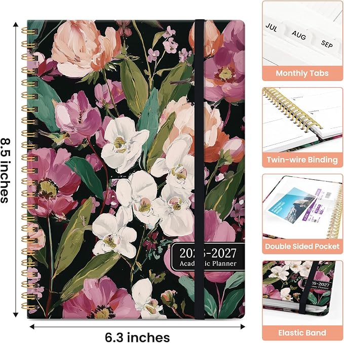 Planner 2026-2027, Monthly & Weekly Jul 2026-Jun 2027 Calendar Book | 6.3" x 8.5", Hardcover Spiral Planner with Tabs, School & Daily Pretty Agenda for Women, Students, Teachers, Blush Garden