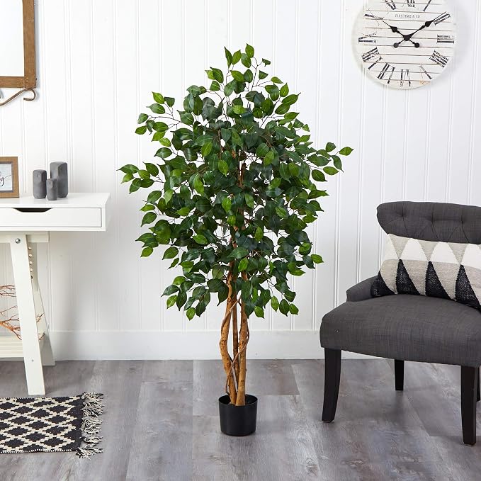 Nearly Natural 4 ft Artificial Triple Trunk Ficus Tree with Pot | Natural Wood Trunks, Silk Tree with Dense Foliage, Mid-Size Faux Floor Plant, Home and Office Decor