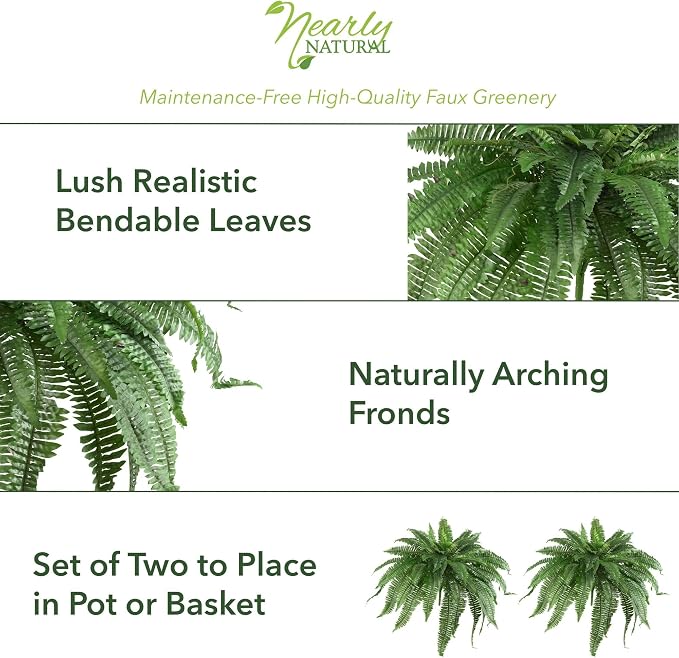 Nearly Natural 48 in Artificial Boston Fern Hanging Plant (Set of 2) | Large Hanging Fake Plant, 67 Long Realistic Fronds, Maintenance-Free, Office and Home Decor
