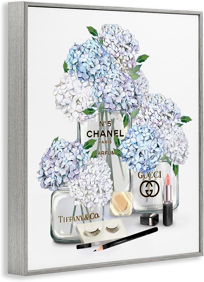 Glam Hydrangea Perfume Bottle Still Life, 11 x 14 Inch Framed Giclée Print | Stupell Industries · By Ziwei Li · Ready to hang · Chic gift for bedroom or dressing room · Made in USA