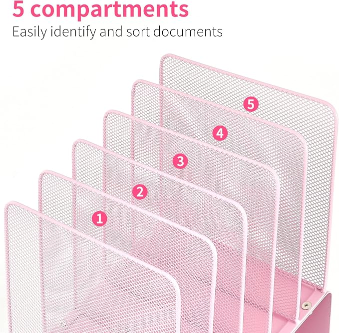LEKETREE File Organizer for Desk, Desk Organizer with 5-Section Vertical File Rack, Folder Organizer,Workspace Organizers (Pink)