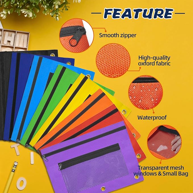48 Pack Pencil Pouch for 3 Ring Binder Mesh Zipper Pencil Case Assorted Colors Pencil Bag Binder Pouches Pen Zipper Pouch for School Office Writing Utensils Storage Supplies, 8 Colors
