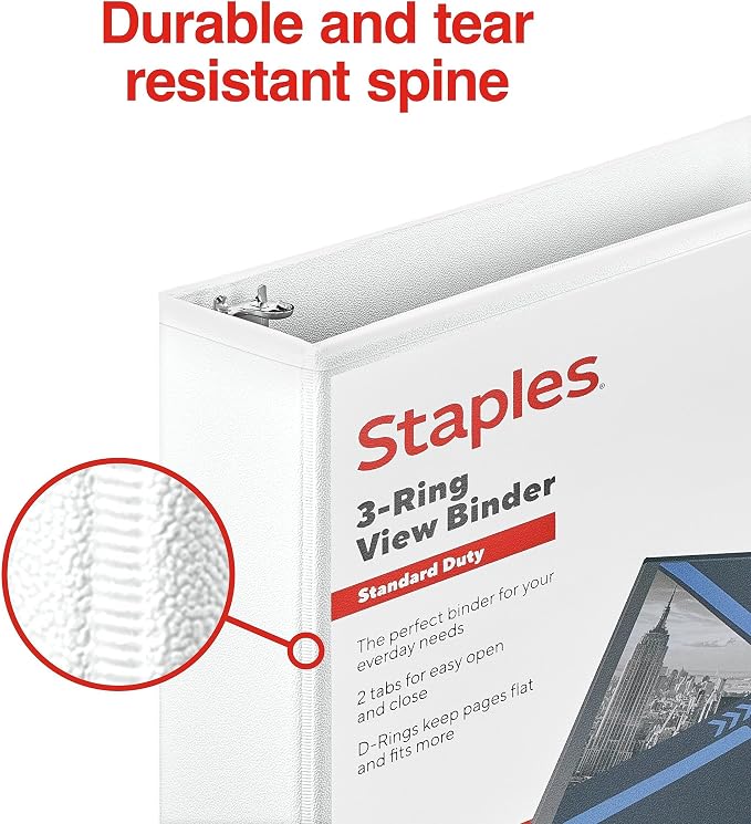 Staples 1 1/2" 3-Ring View Binder, D-Ring, White, 4/Pack