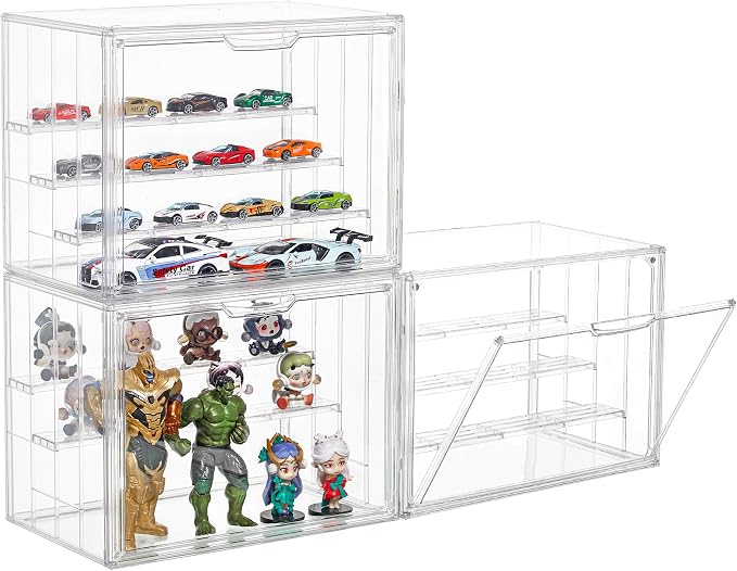 4 Layer Stackable Acrylic Figure Case for Collectibles Display Box,3 Pack | Removable Adjustable Partitions & Magnetic Door,Interlocking Stable Design,Dustproof Cover for Figurine Storage