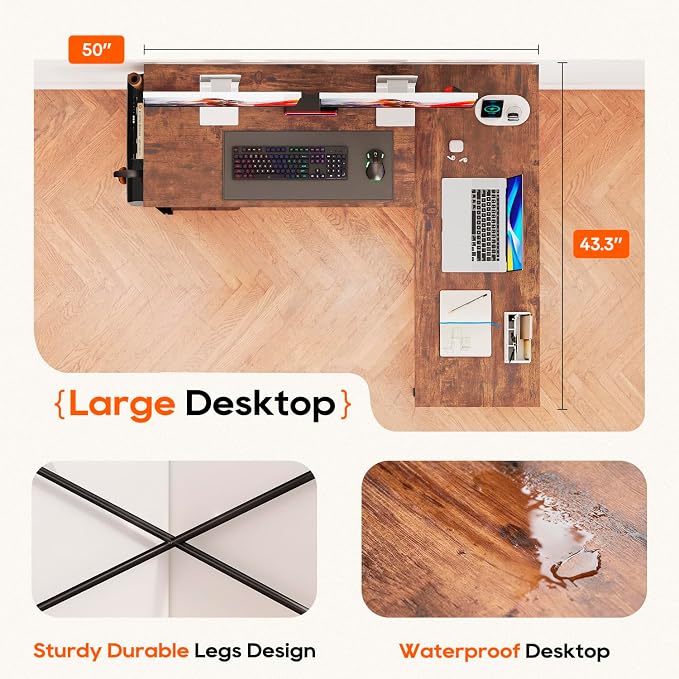 FDW 50 Inch L-Shaped Desk,Gaming Desk Computer Desk with Side Storage Bag & CPU Stand,Corner Desk for Home Office,Bedroom,Writing & Gaming,Brown