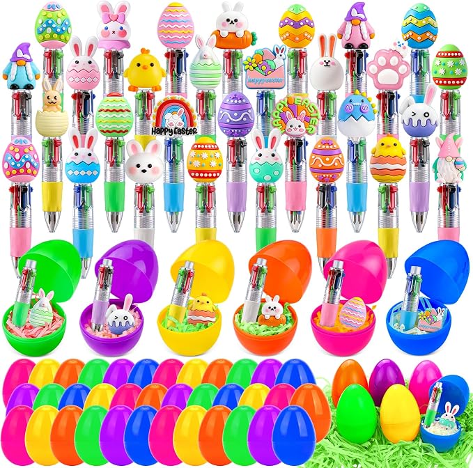 30Pcs Easter Egg Mini Multicolor Pens in One 4-in-1 Cute Pens Bulk with 30 Eggshells, Fun Gifts Assorted Ink Kawaii Ballpoint Pen