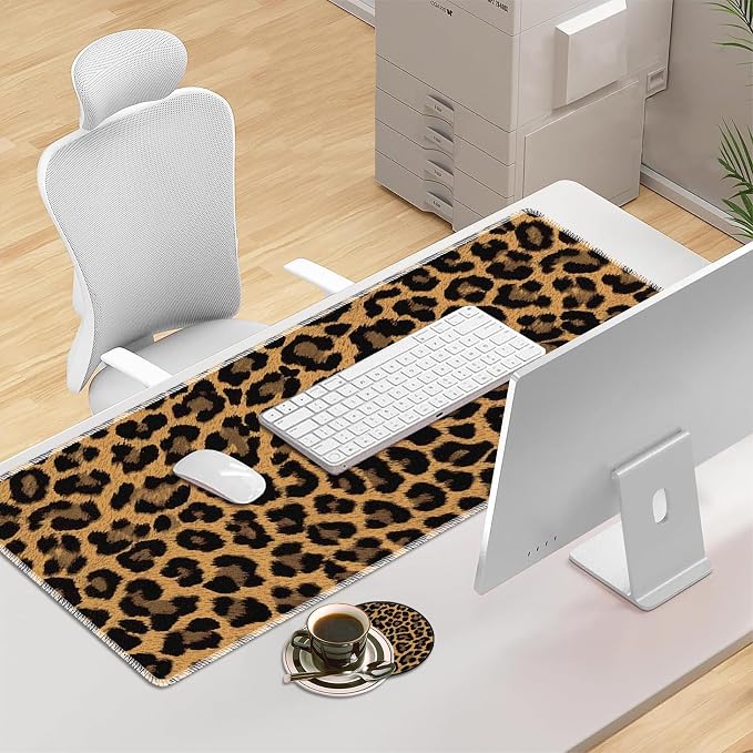 Personality Pattern Large Protective Desk Mat, Smooth Surface Soft Mousepad, Waterproof Non-Slip, 31.5 x 11.8 in Sewn Edge Office/Home, Leopard Print