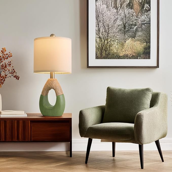 19" Table Lamps Set of 2, Bedside Lamps for Living Room, Lamps for Bedroom, Farmhouse Rattan Table Lamp, Small Space Nightstand Lighting, Rustic Home Office Decor (Green, Bulb Not Included)