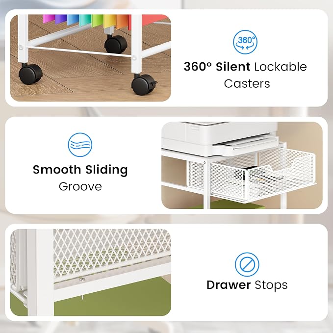 Cawukege 3 Tier Printer Stand, Small Mobile Table with Wheels, Printer Shelf Rolling Cart with Storage Desk Organizer Hanging File for Office Home, White
