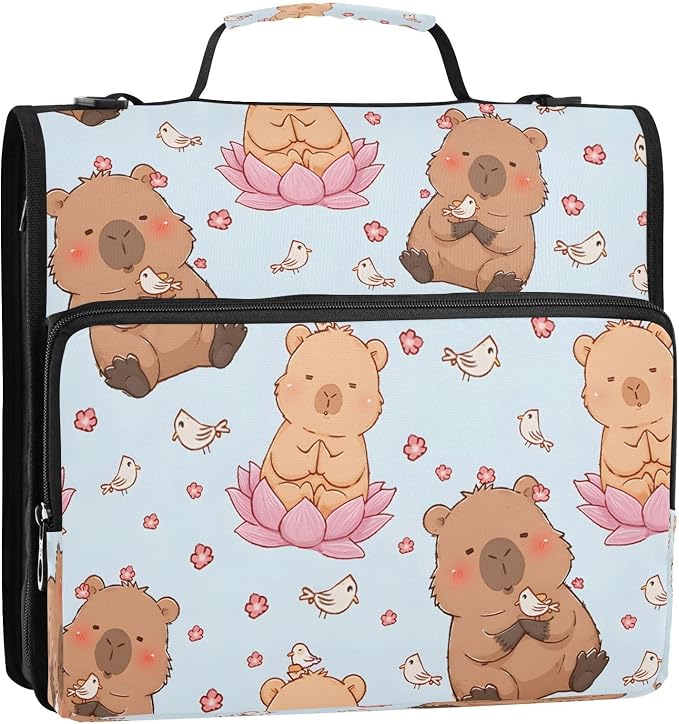 ALAZA Zipper Binder 3 Ring Cute Cartoon Capybara Lotus Binder Organizer with Zipper and Shoulder Strap Large Capacity Multi-Pocket Trapper Keeper File Folder for Office Supplies
