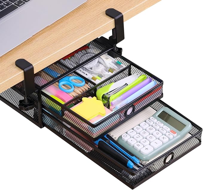 Under Desk Drawer, Clamp on Desk Organizer Slide Out Table Storage No Drill | 2Tier Under desk drawer: clamp on desk organizer, under desk drawer slide out, hanging desk organizer, no drill table storage