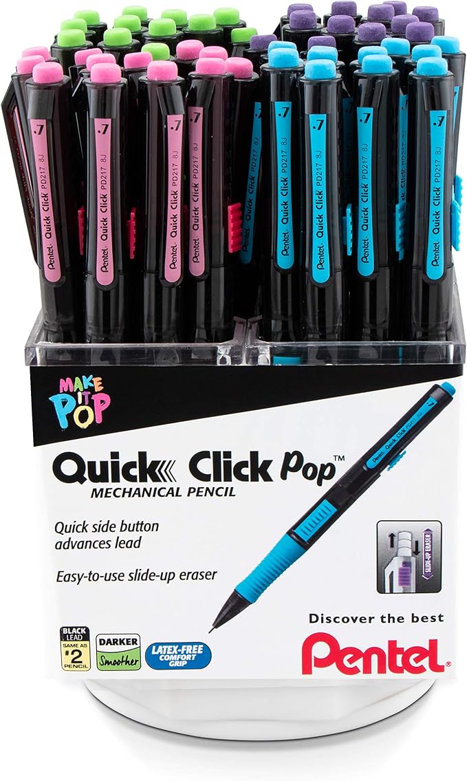 Pentel Quick Click Pop Mechanical Pencil, (0.7mm) Med. Line, Assorted Barrels, Spinner Display - 42 Pieces (PD217A-42)