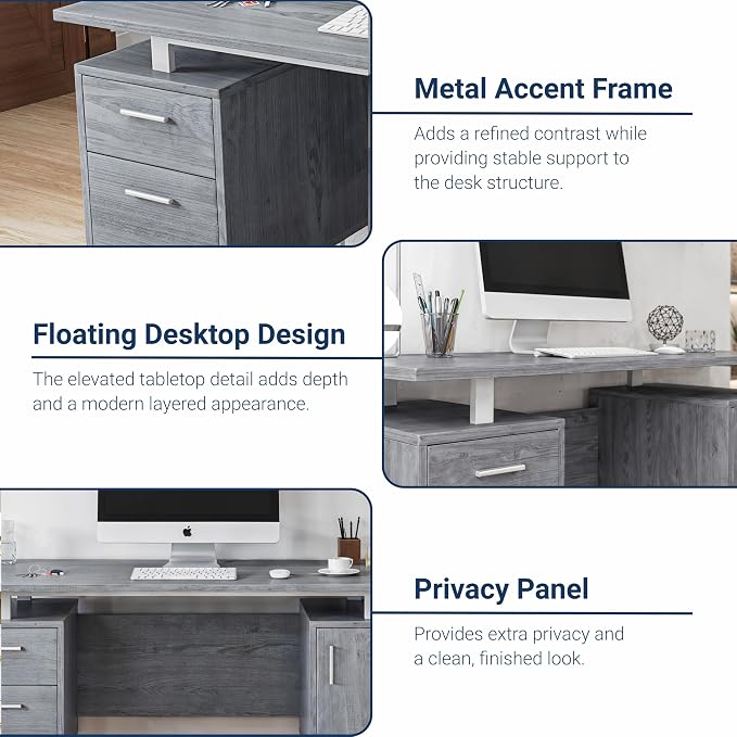Techni Mobili Office Desk with Storage Drawers and Cabinet 51.25” W - Modern Office Desk with Large Floating Desktop Surface | Home office workstation, durable construction, everyday productivity, Ideal for home office, Workspace organization