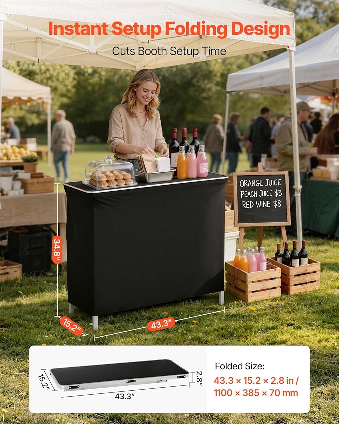 VEVOR Folding Portable Bar Table, 43.3 x 15.2 x 34.8 in, with Carry Bag, Storage Shelf, and Detachable Skirt, Quick and Easy Setup, Foldable Mobile Bartending Station for Events, Party, Tradeshow