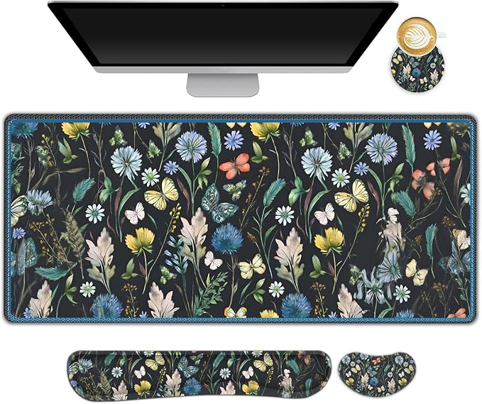 Keyboard Mouse Pad Set, Extended Mouse Pad with Keyboard Wrist Rest Support, Memory Foam Ergonomic Desk Pad Set for Home Office, Flower Leaf Butterfly