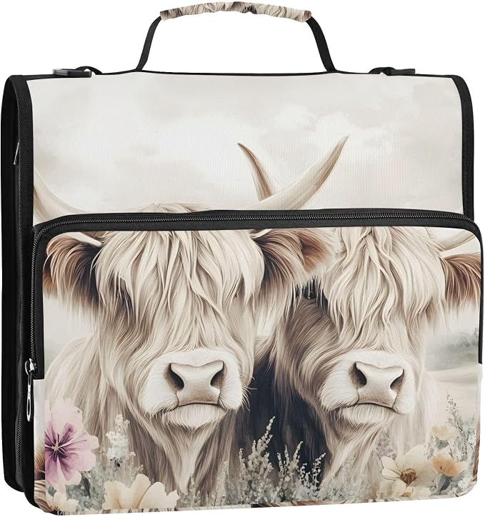 3 Ring Zipper Binder with Shoulder Strap Highland Cow Cattle Flower 2 Inch Zippered Binder Bag 500 Sheet Capacity Multi Pockets for School Supplies