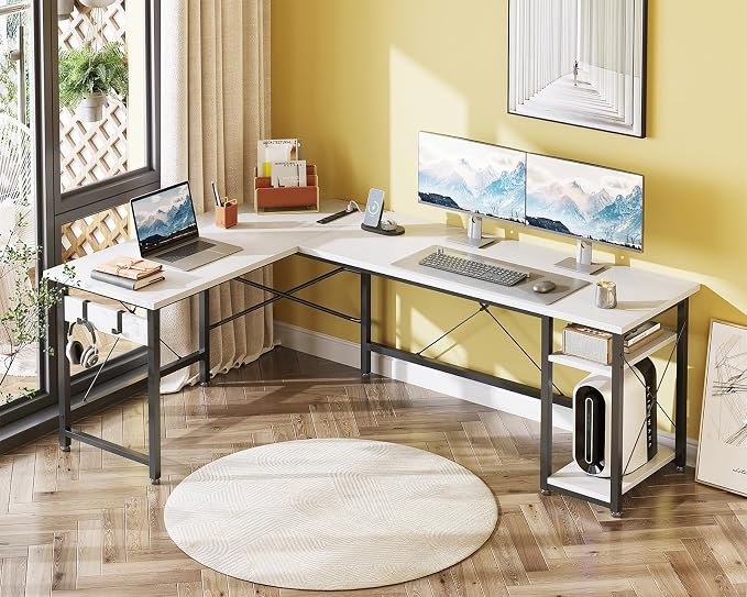 Coleshome L Shaped Computer Desk 66" with Power Outlet & Storage Shelves, Corner Sturdy Writing Desk Workstation, Modern Wooden Office Gaming Desk, Wood & Metal, White