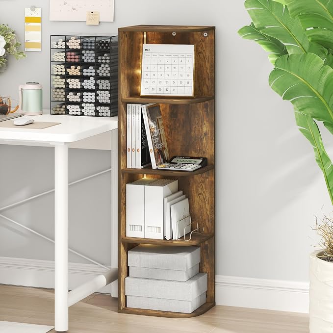 Furinno PASIR Book Shelf with LED Lights, 4-Tier Bookshelf, Open Corner Shelf Bookcase, 9.3 x 12 x 41.4, for Home Office, Living Room, Study Room, Amber Pine