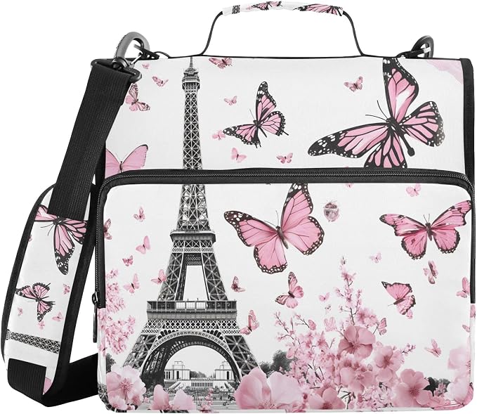 MNSRUU 3 Ring Binder Bag, 2 Inch D-Rings Easily Organizes 1 Inch Fits Letter Sized Paper, Eiffel Tower Butterflies Large 3 Hole Zipper Binder Organizer for School Office Supplies