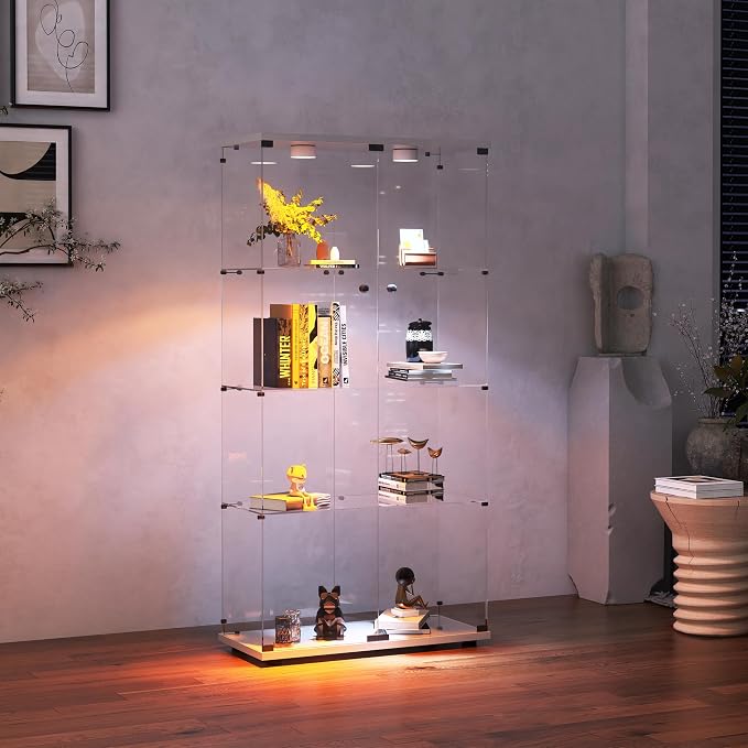 Frameless Glass Display Cabinet, Curio Cabinet Display Case with LED Lights and Lock, 2 Doors Quick-Install Floor Standing Showcase Display Shelf for Collectibles, Legos, Figures, Plants