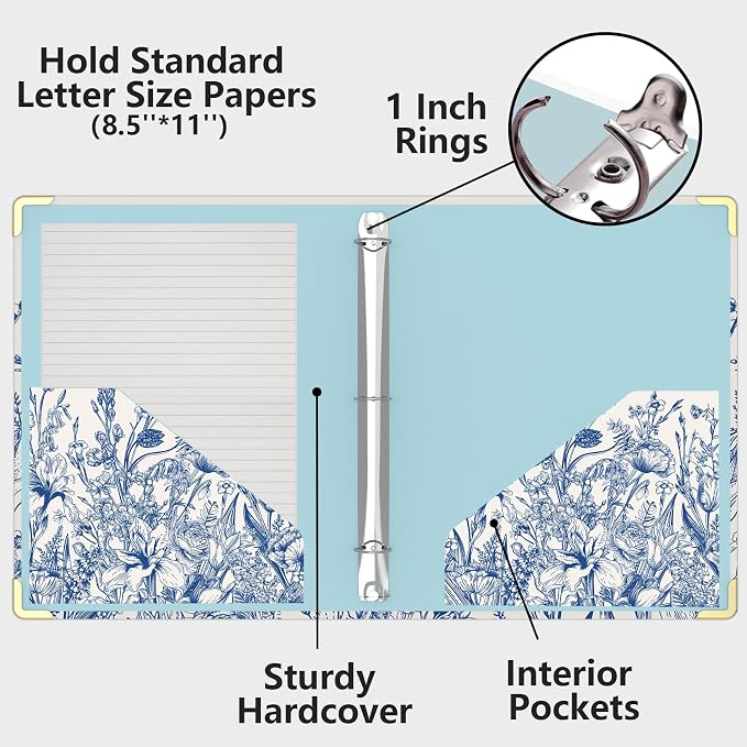 3 Ring Binder 1 Inch, Cute Leopard Decorative Hardcover Low Profile Clipboard with Storage, 1'' Round Ring Binders for Letter Size Paper, Binder Organizer for School Office Supplies (Blue Florals)