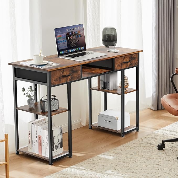 DUMOS 48-Inch Computer Desk with Drawers and Hook, Brown | Home Office Desk for Bedroom, Gaming Writing Study Desk with Adjustable Feet