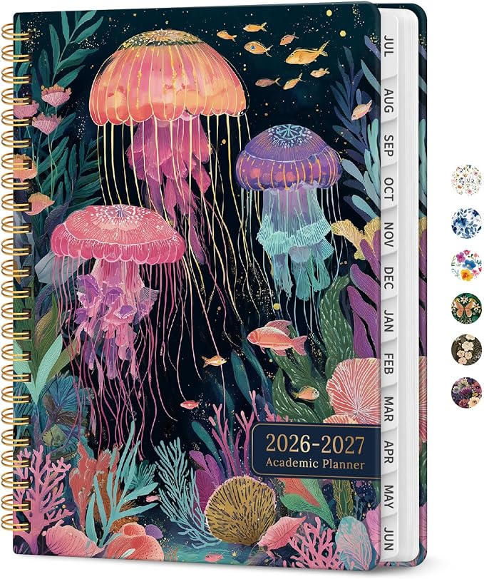 Taja Planner 2026-2027, Jul 2026-Jun 2027 Monthly & Weekly Calendar Planner | 6.3" x 8.5", Hardcover Academic Calendar, Teacher Student Agenda Book with Tabs, School Office Supplies, Jellyfish