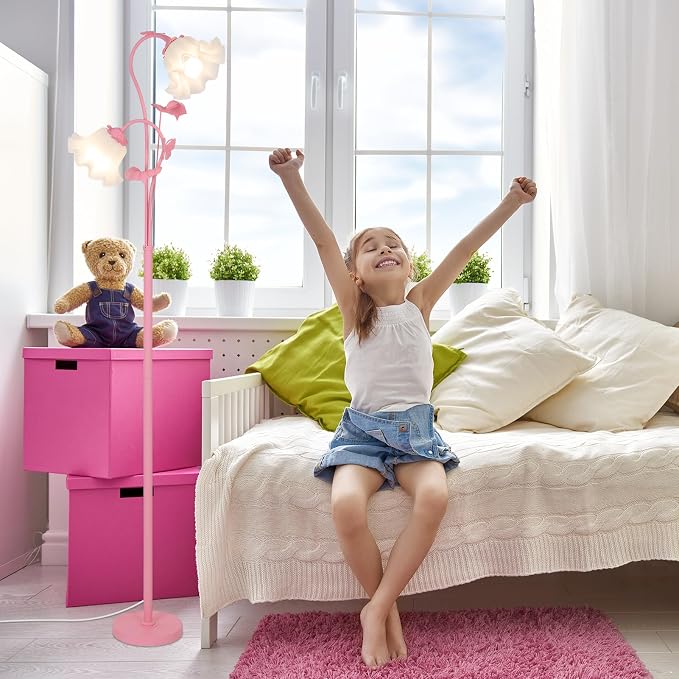 HMVPL Pink Flower Floor Lamp, Floral Standing Lamp with 2 LED 5W Blubs, Foot Switch, Modern Corner Tall Lamp with Acrylic Shade, Girls Cute Floor Lamp for Living Room Bedroom Office Kids Reading